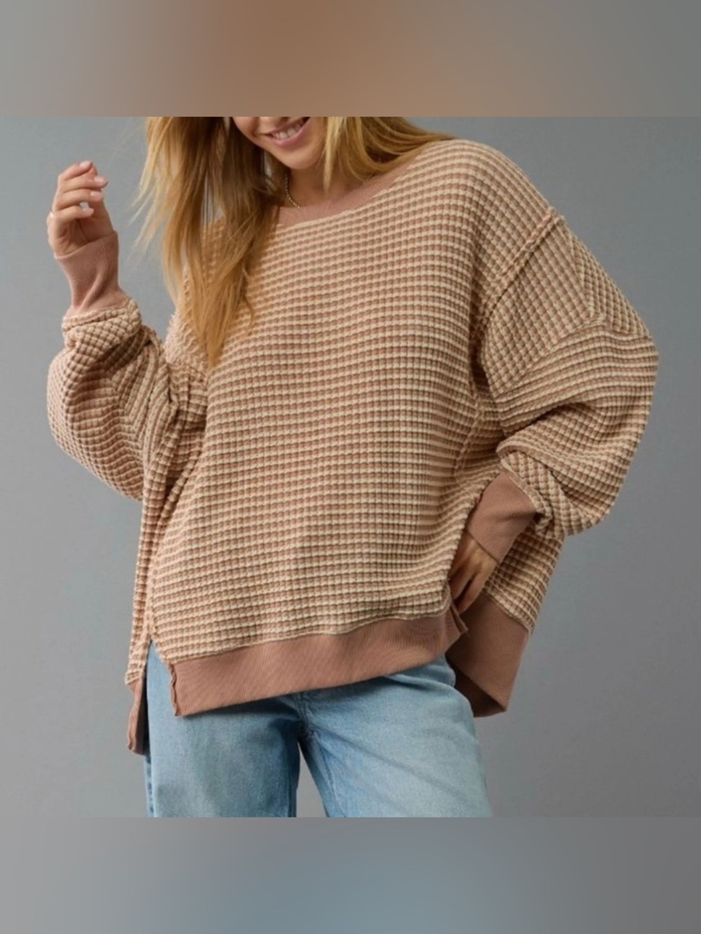 American Eagle Outfitters Women’s Tan and Cream Waffle Knit Pullover